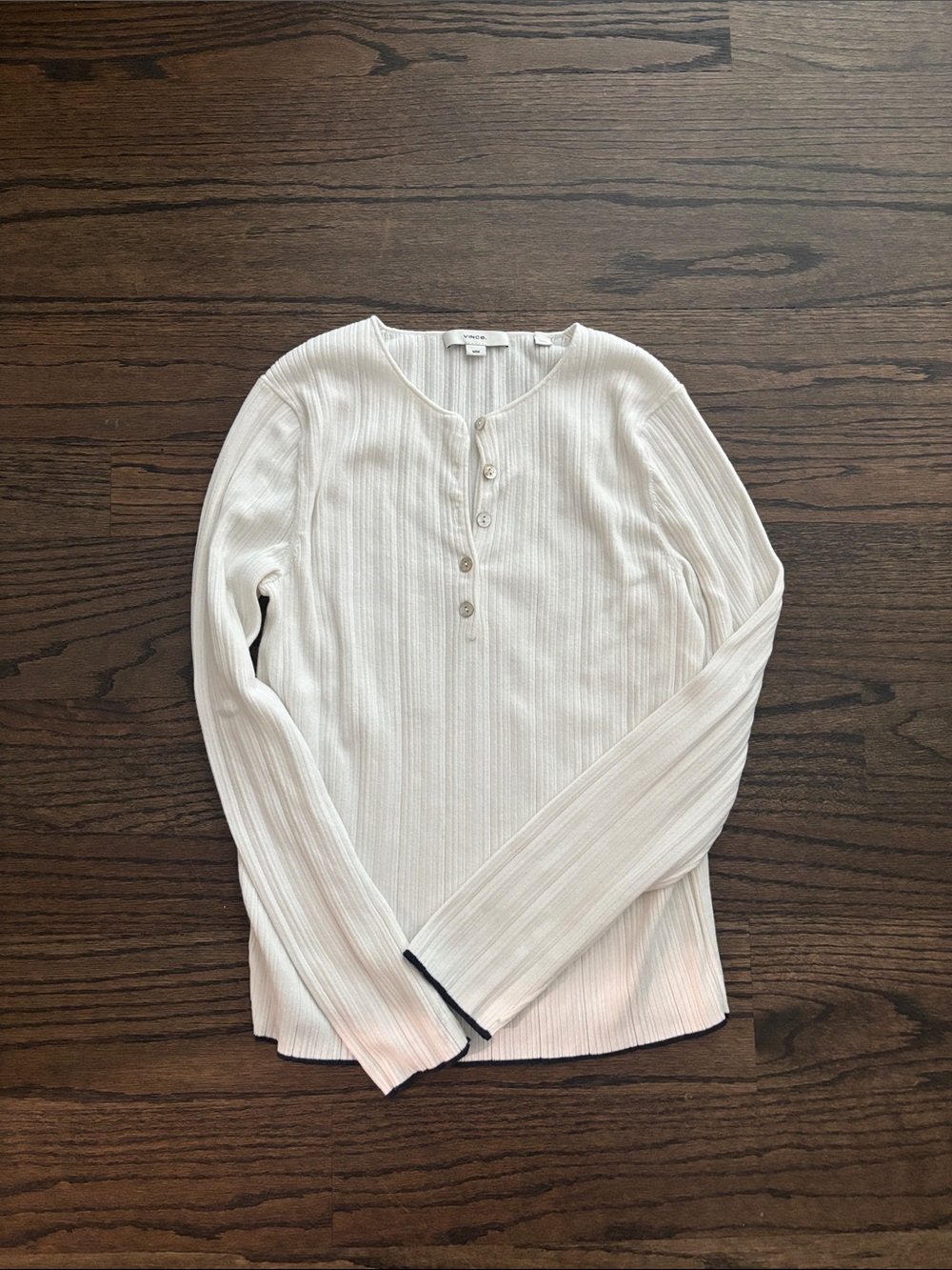 Vince White Ribbed Henley Long Sleeve Top with Black Contrast SZ M.